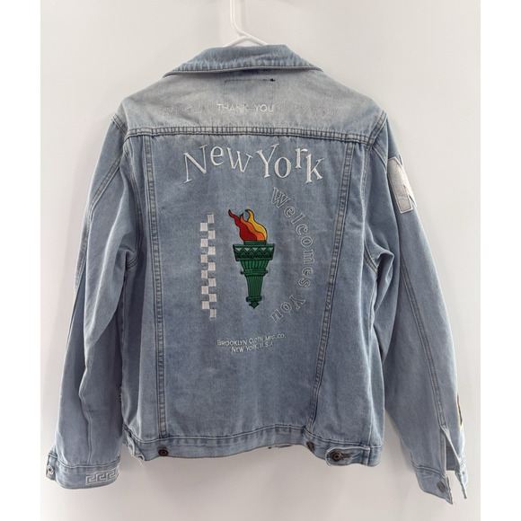 BROOKLYN CLOTH Button Down Patches Blue Denim Jean Jacket Women's Size Medium... - Picture 2 of 16